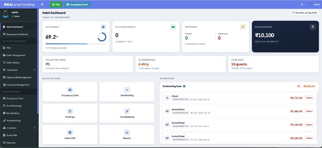 BillJu hotel dashboard with occupancy, revenue, housekeeping and outstanding dues